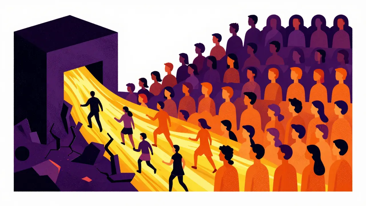 Colorful crowd breaking through rigid barriers toward structured financial future