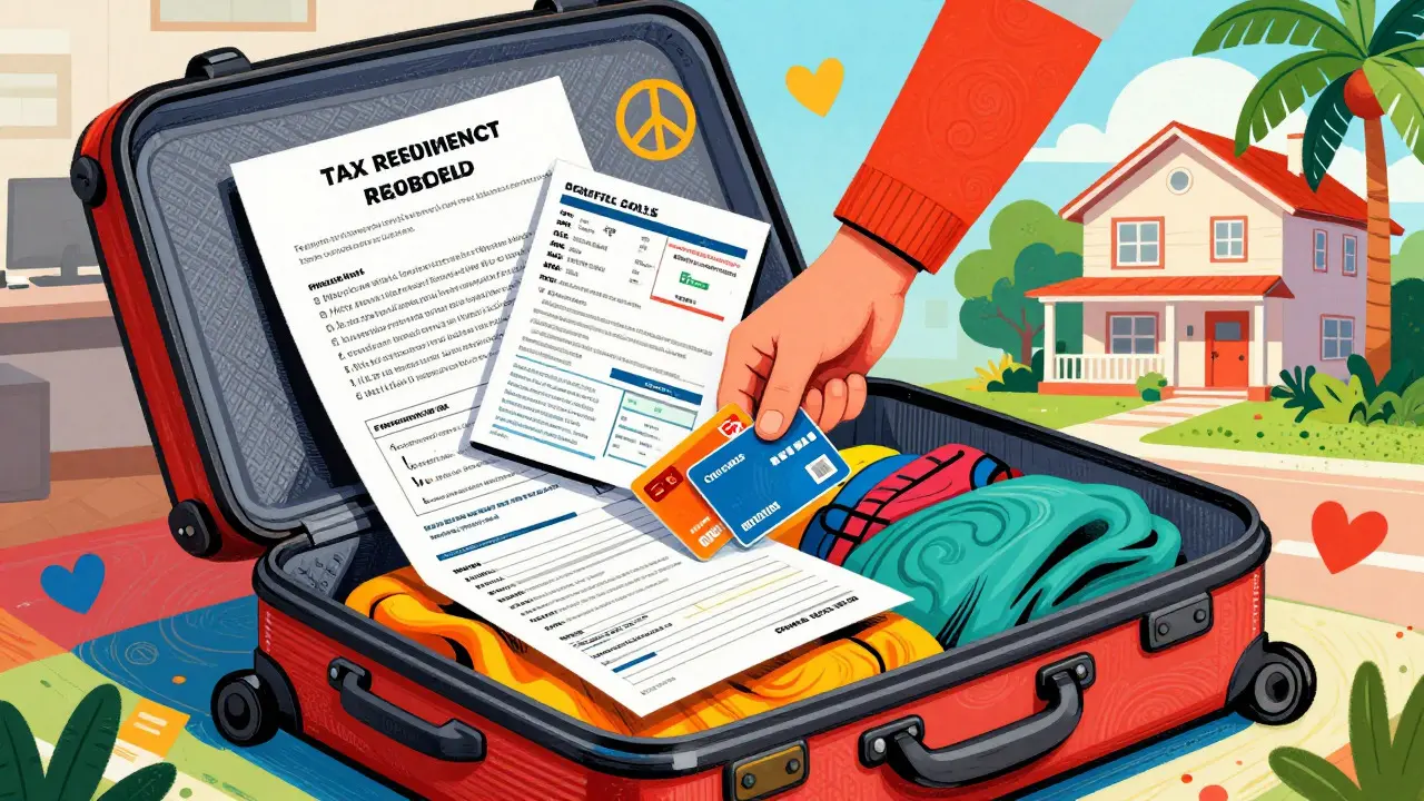 Colorful depiction of packing documents and proof of life for new tax residency.