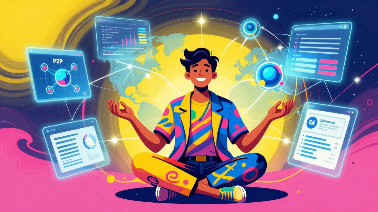 Colorful illustration of a trader using P2P networks for crypto.