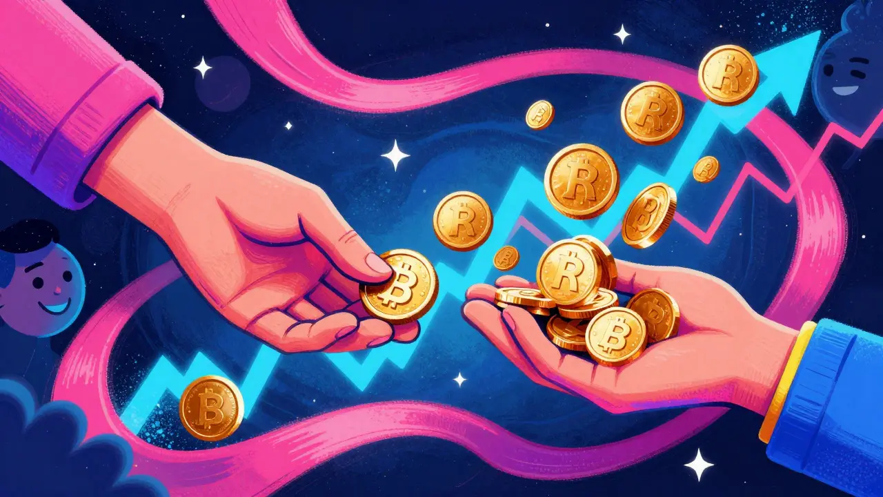 Colorful illustration of hands exchanging tokens with multiplying yields
