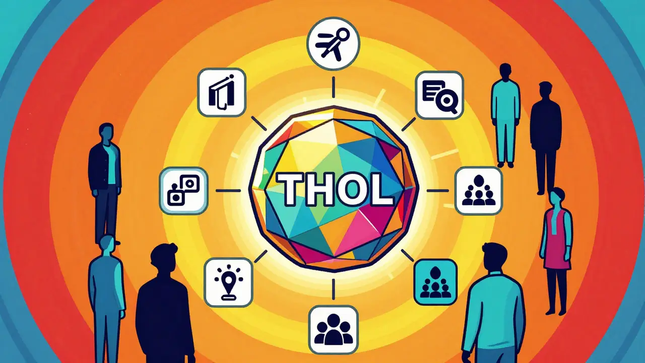 Colorful illustration of THOL token utility with staking and governance symbols