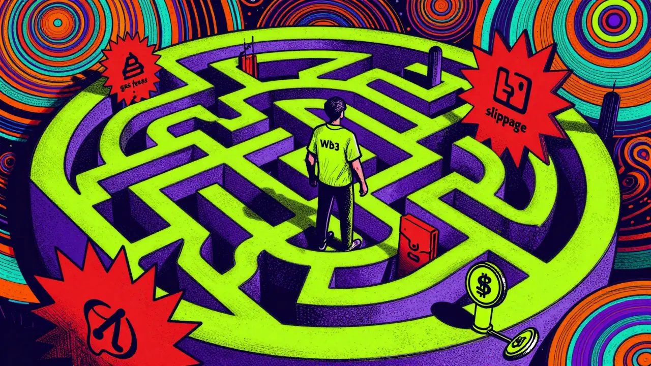 Colorful maze illustrating difficult path to buy crypto via decentralized exchange