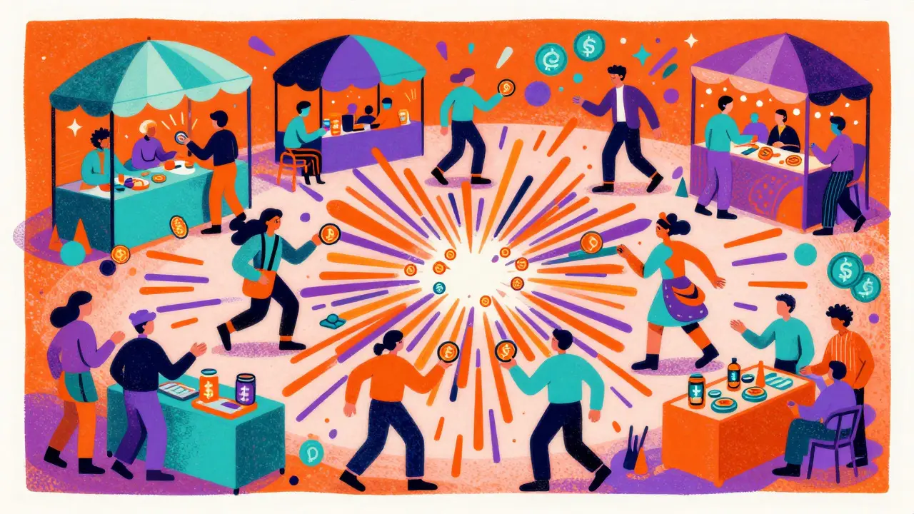 Colorful Peter Max art depicting an energetic marketplace with abstract figures exchanging tokens in a swirl