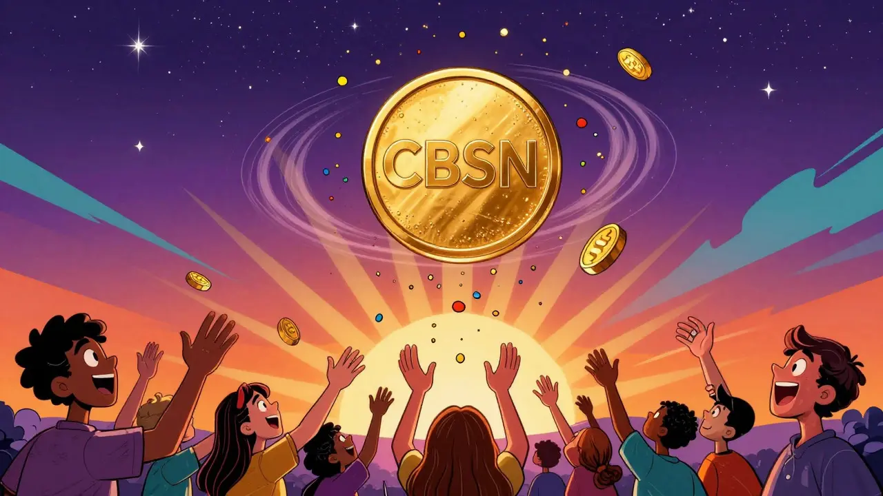 Colorful Peter Max art showing CBSN token airdrop rewards raining down