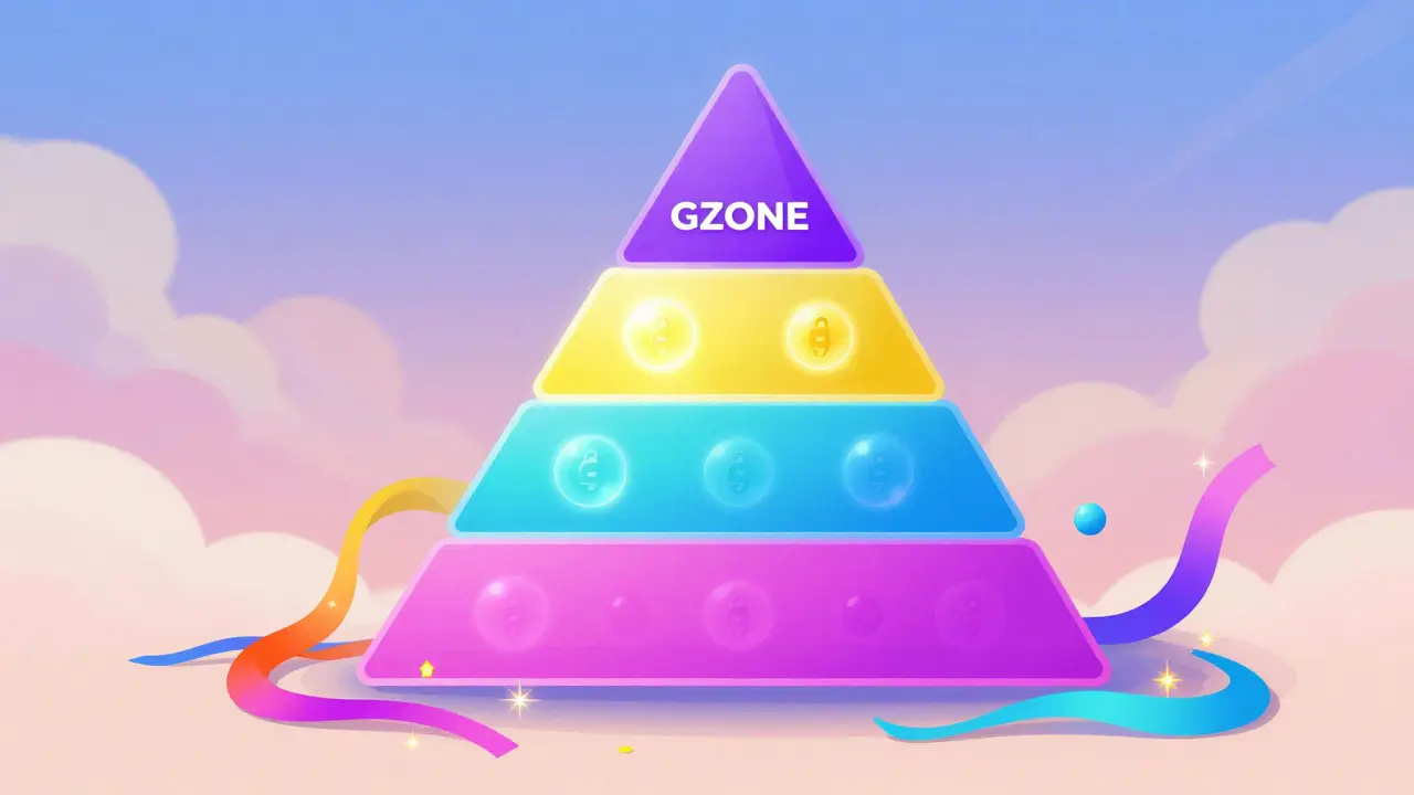 Colorful pyramid structure representing staking tiers in Peter Max style