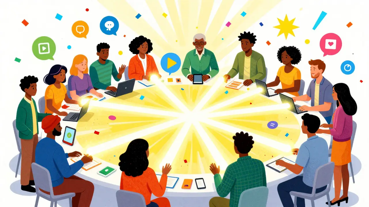 Community members exchanging digital assets via light beams in a vibrant hub