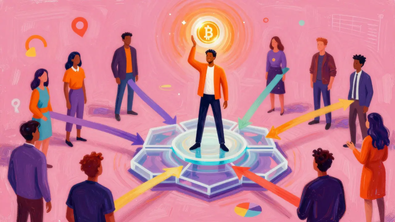 Creator connecting with fans via glowing orbs in a vibrant illustration