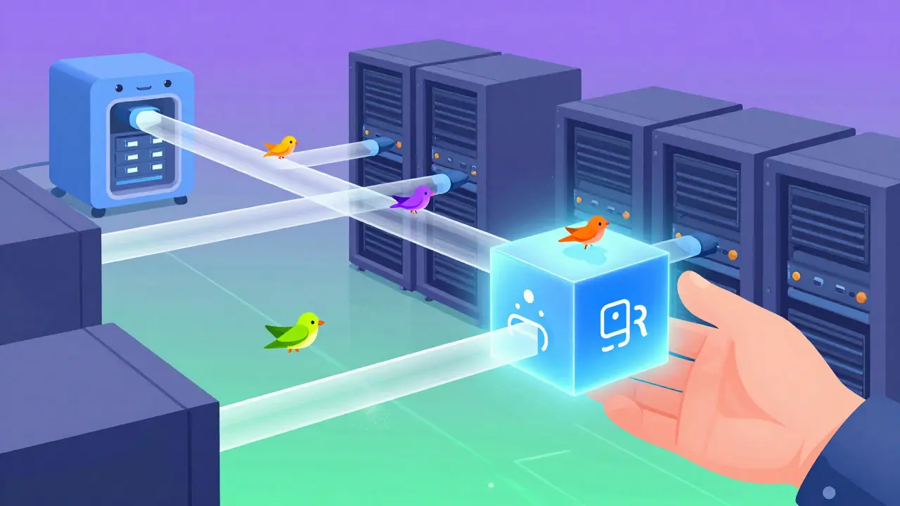 Data packets as birds flying through tubes into a secure box in Peter Max style
