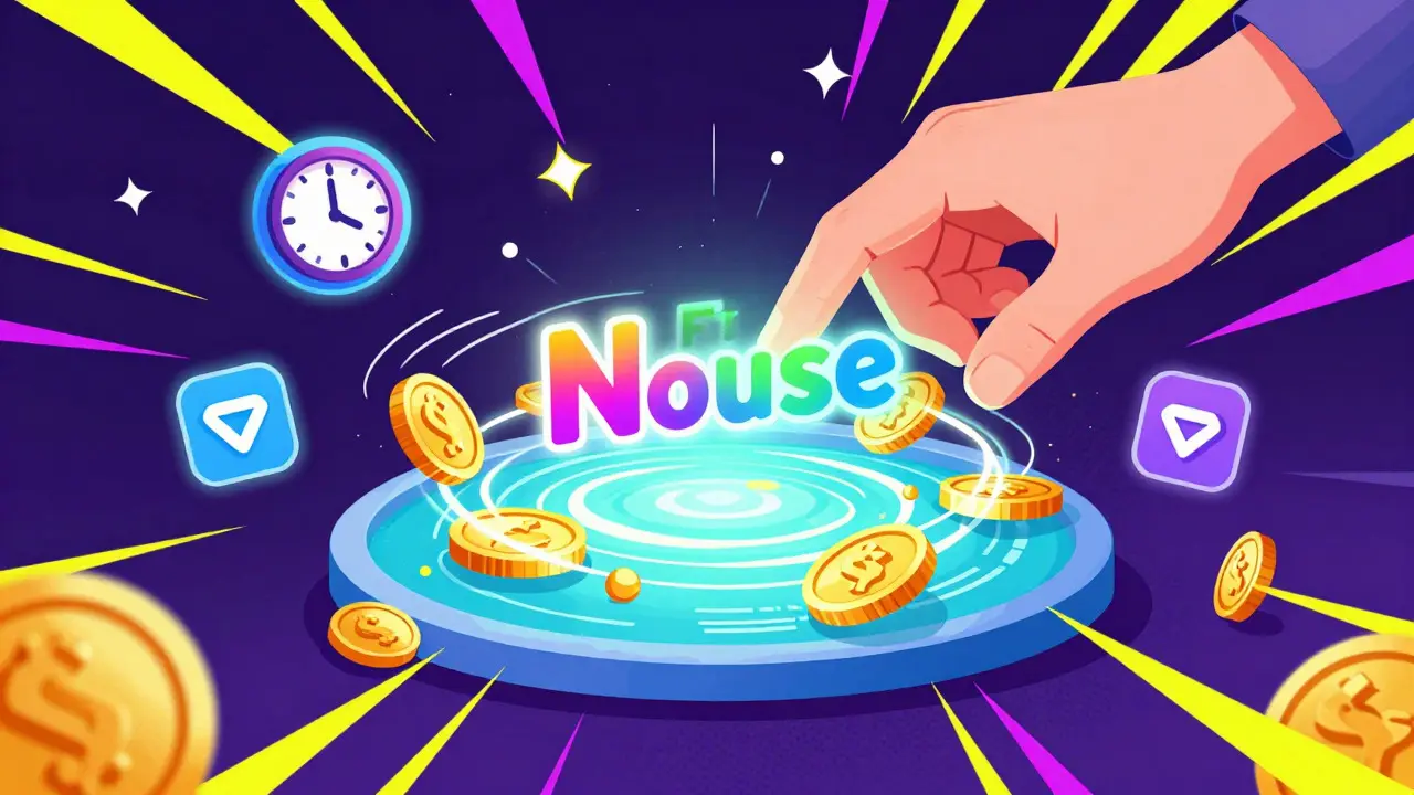 Dynamic artwork of a hand placing an NFT house into a glowing staking pool vortex.