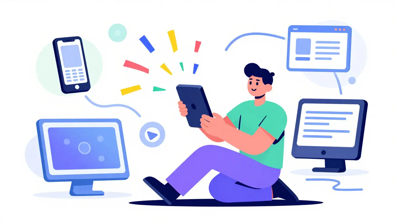 Friendly cartoon character using a device with confetti bursts in Peter Max illustration style