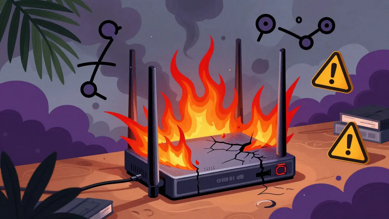 Overheating router illustration in Peter Max style showing hardware failure risks.
