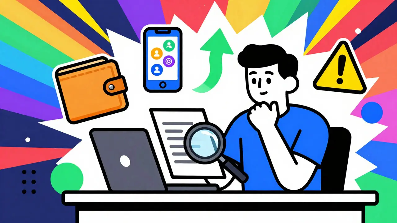 Person preparing for crypto opportunities with tools and caution signs