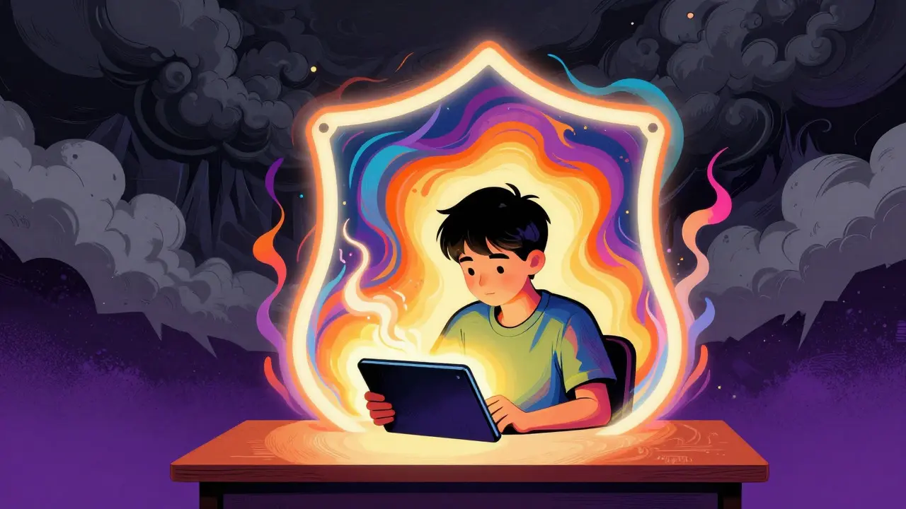 Person protected by a colorful light shield against a dark stormy background, symbolizing safe learning
