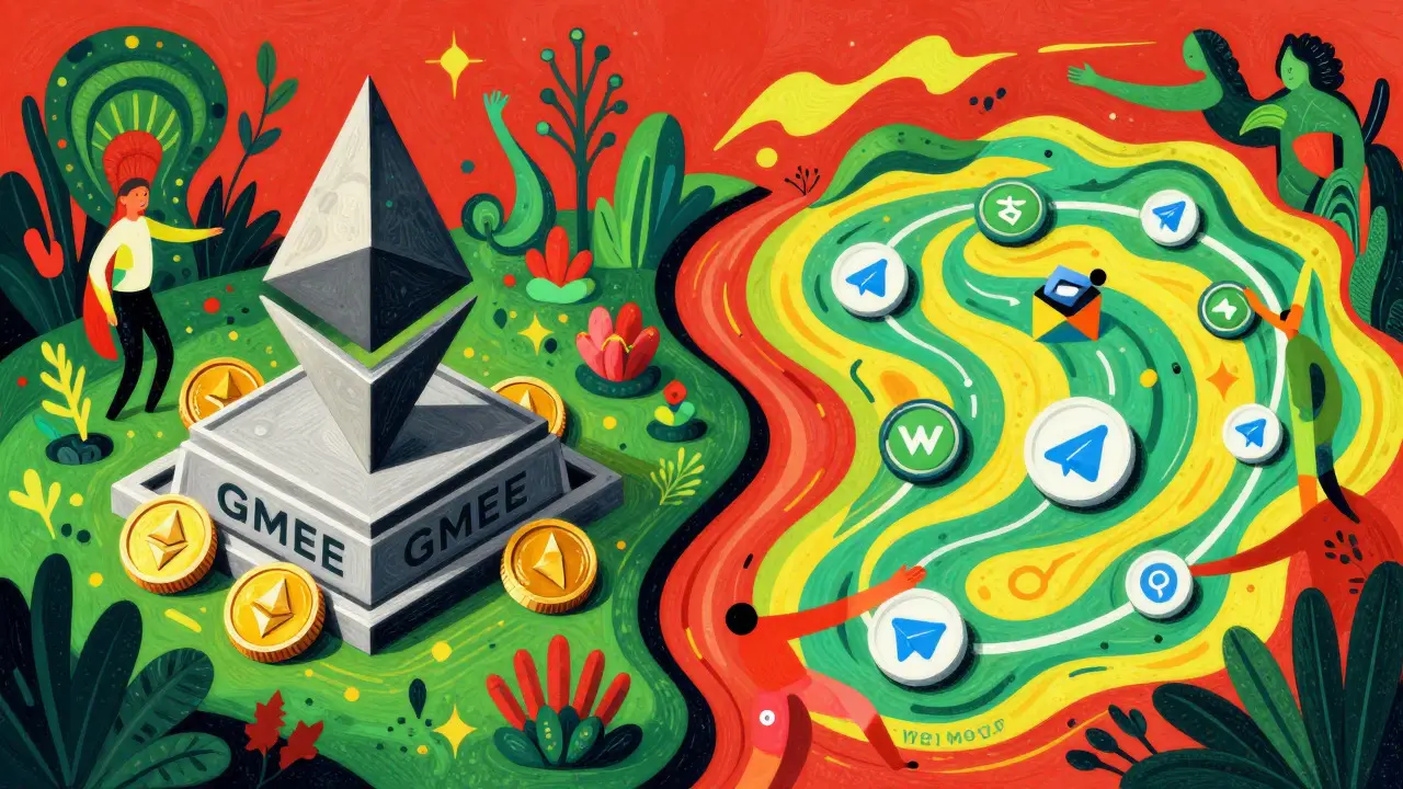 Peter Max art depicting two diverging paths representing GMEE and WATCoin ecosystems in vibrant colors.