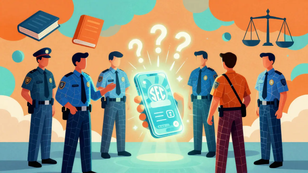 Peter Max illustration of FBI and SEC investigating a glowing smartphone