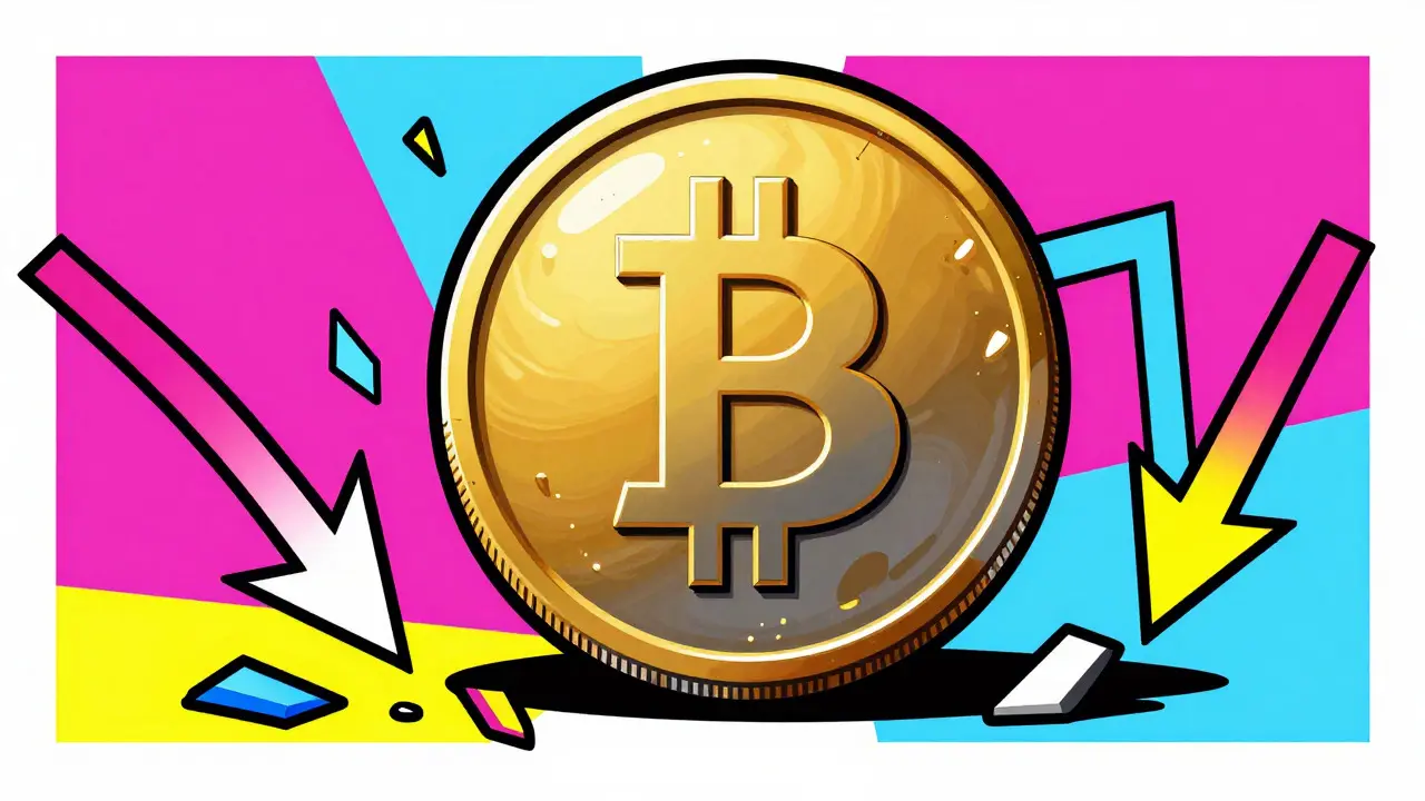 Peter Max style abstract art showing a deflating crypto coin surrounded by jagged neon shapes.