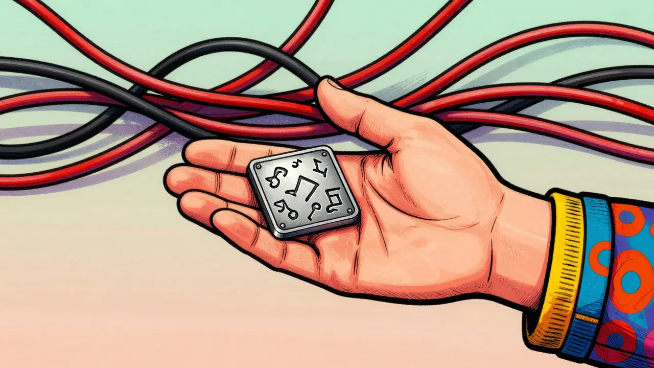 Peter Max style art of a hand holding a metal seed plate against a background of tangled red wires