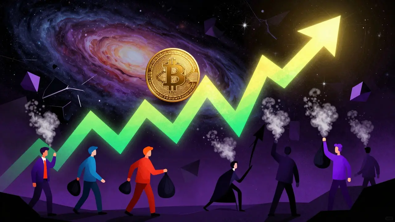 Peter Max style graphic showing crypto crash with falling investors and graphs