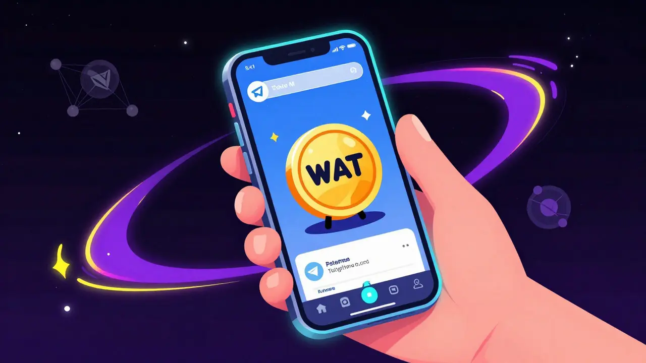 Peter Max style illustration of a smartphone showing WATCoin Telegram app with neon cosmic vibes.