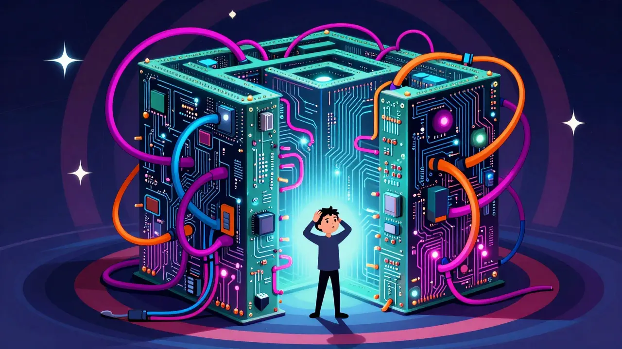 Peter Max style illustration of a user facing a tangled maze of glowing blockchain wires.