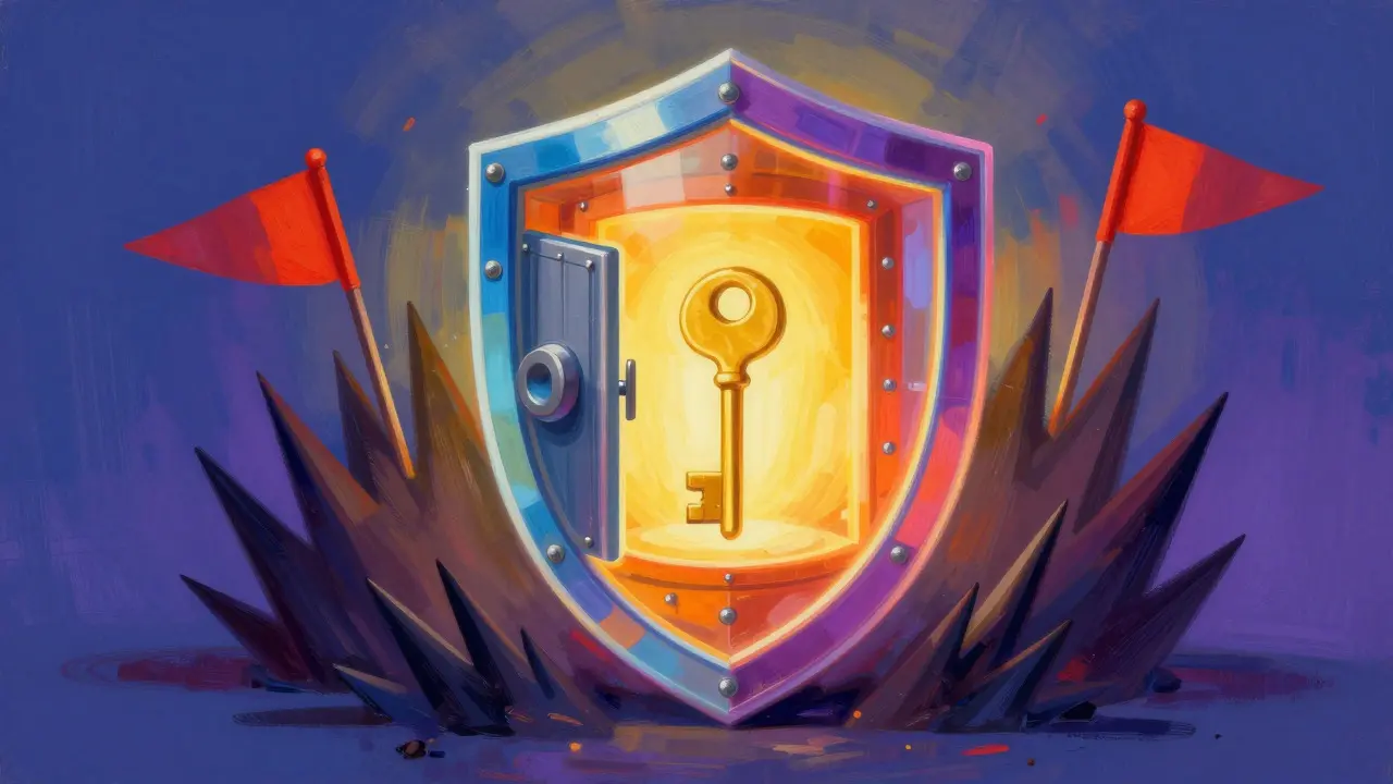 Peter Max style image of a colorful shield protecting a vault with a key, symbolizing crypto security