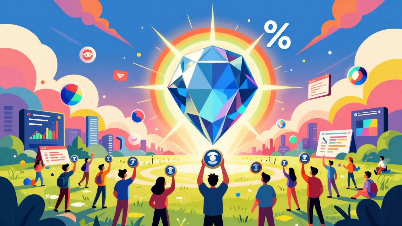 Radiant CBSN token gem rising above a crowd of community holders in a colorful sky.