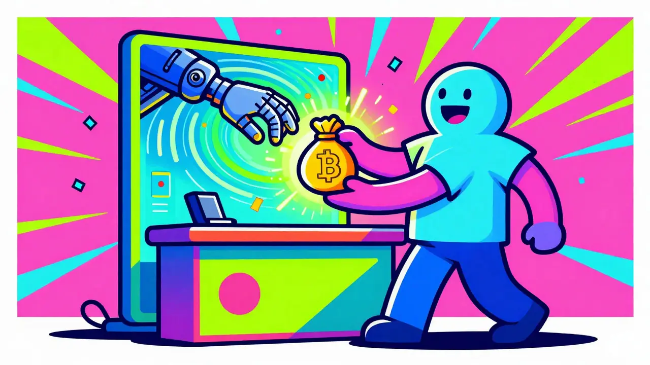 Retro-style art showing a character receiving crypto tokens from a colorful exchange portal