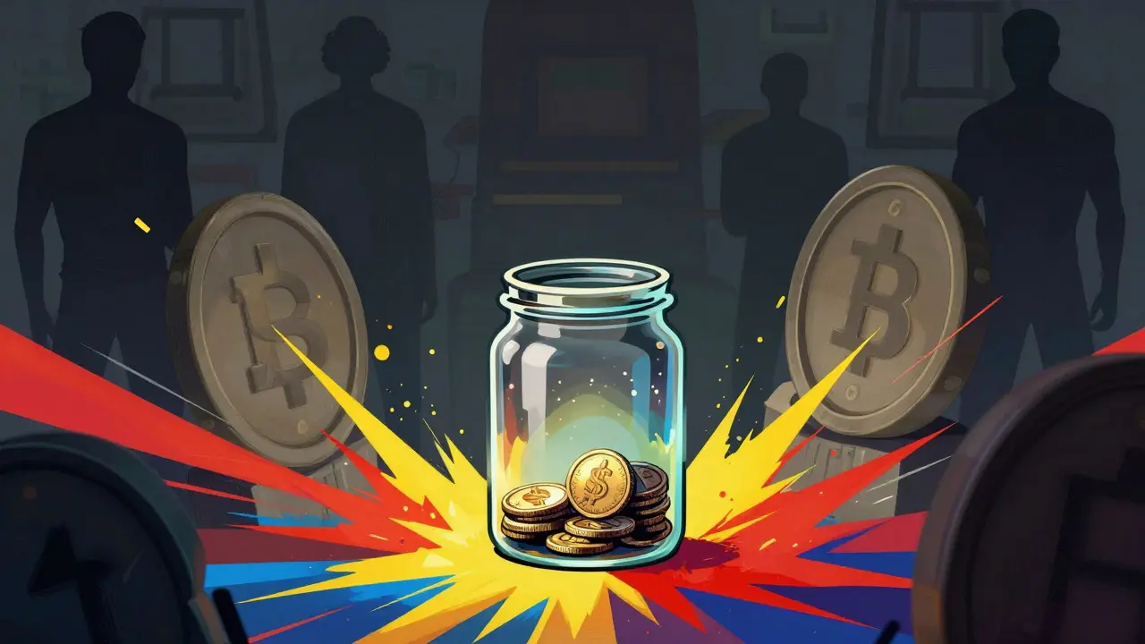 Small jar of coins surrounded by large shadows showing high investment risk