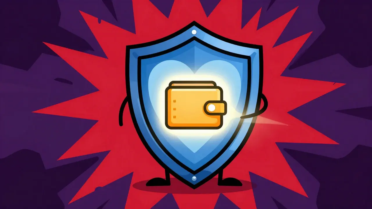 Stylized shield protecting a crypto wallet from abstract threats