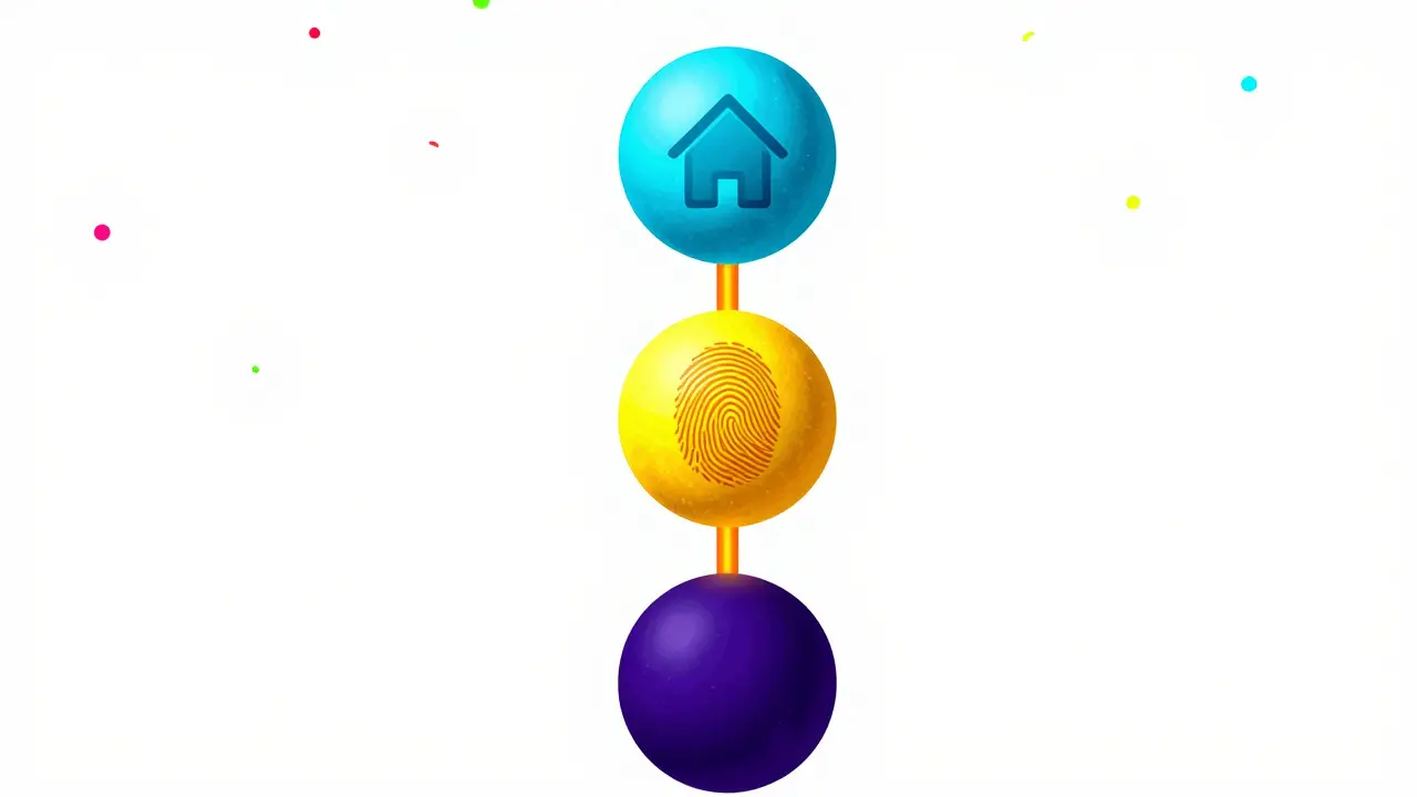 Vertical Peter Max diagram of three connected spheres representing private key, public key, and address hierarchy