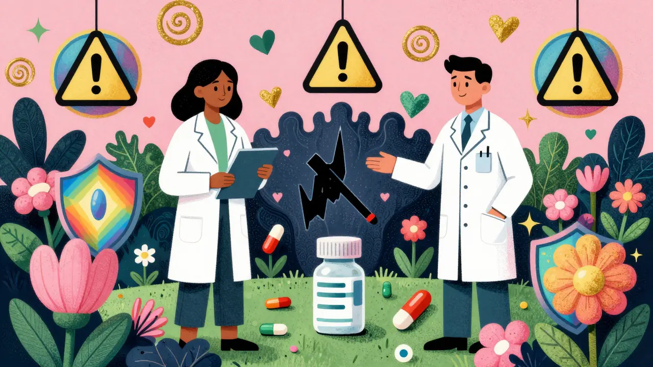 Vibrant art showing safe medications protected by rainbow light shields