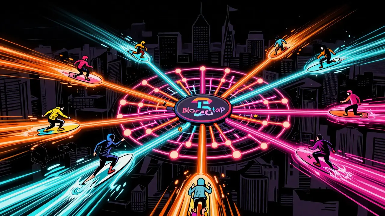 Vibrant cartoon depiction of BlockSwap Network infrastructure connecting users