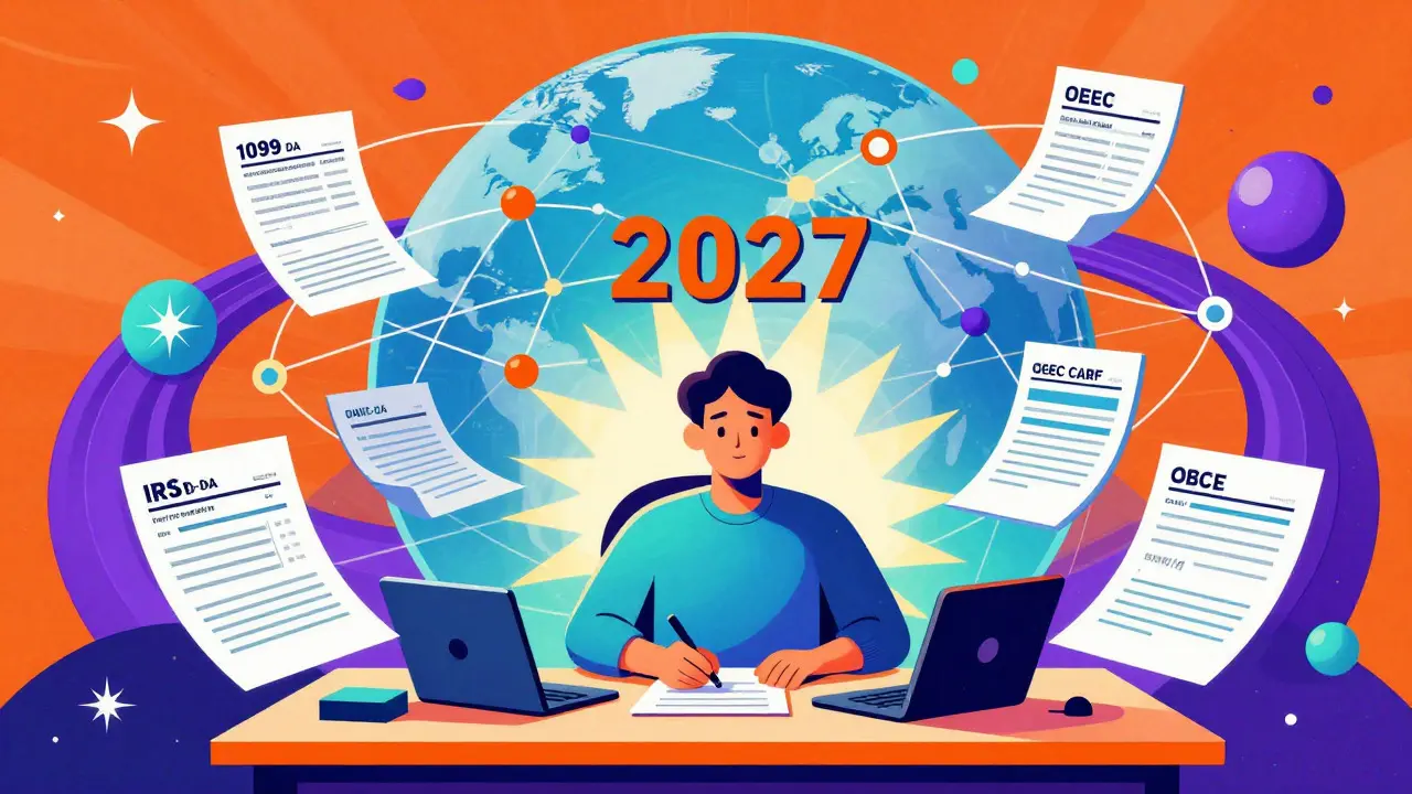 Vibrant illustration of global crypto regulations and data sharing networks closing in.