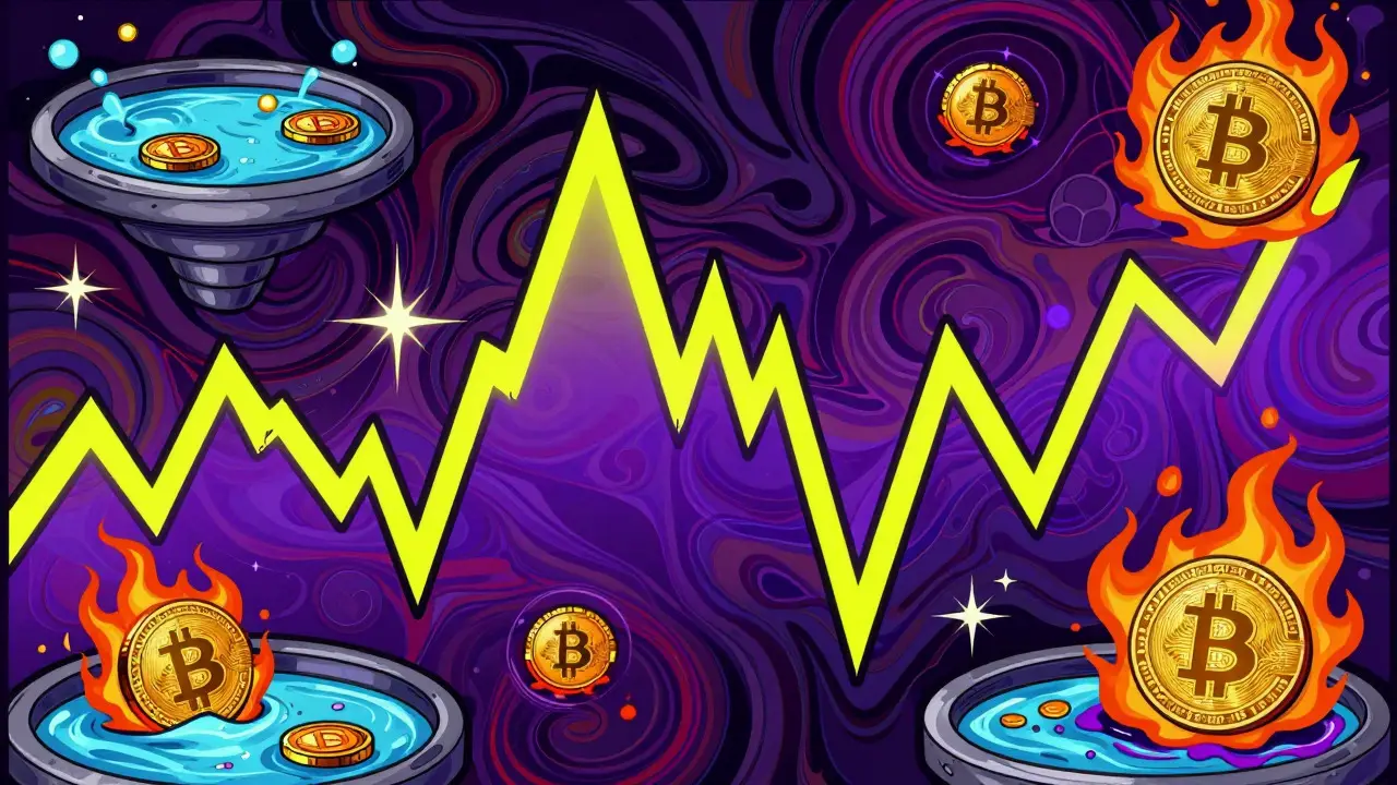 Vibrant Peter Max style art depicting crypto market volatility and risk