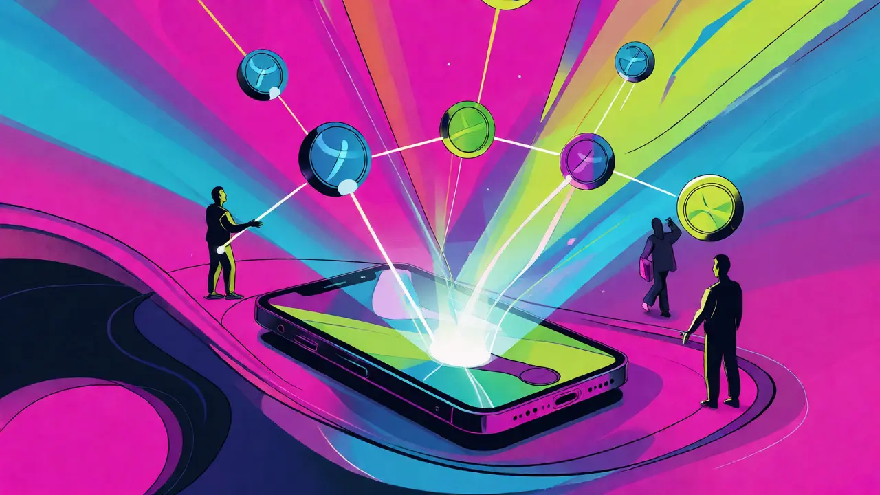 Abstract art of a mobile phone connecting to a colorful network of blockchain nodes.