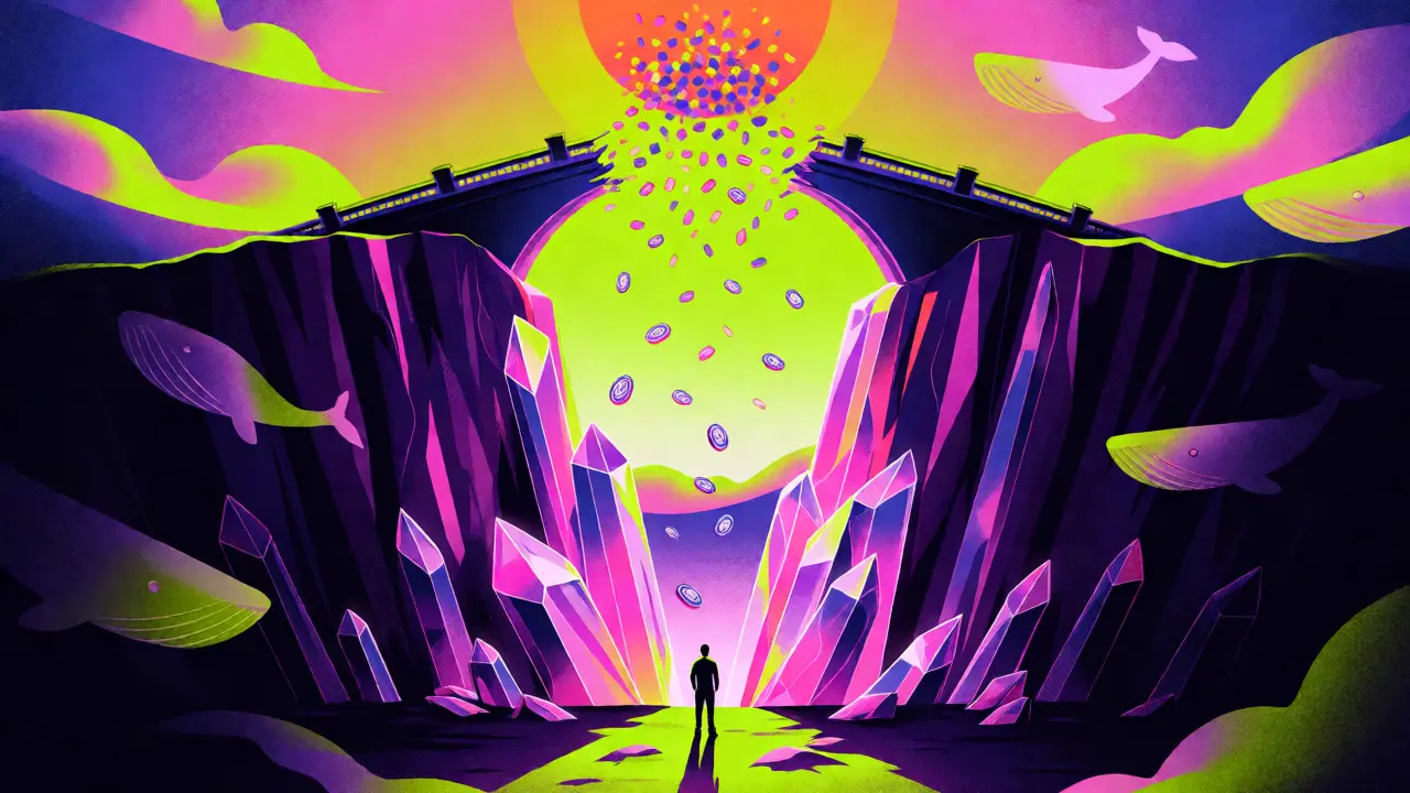 Abstract neon artwork showing a price cliff and broken bridge symbolizing crypto liquidity loss.