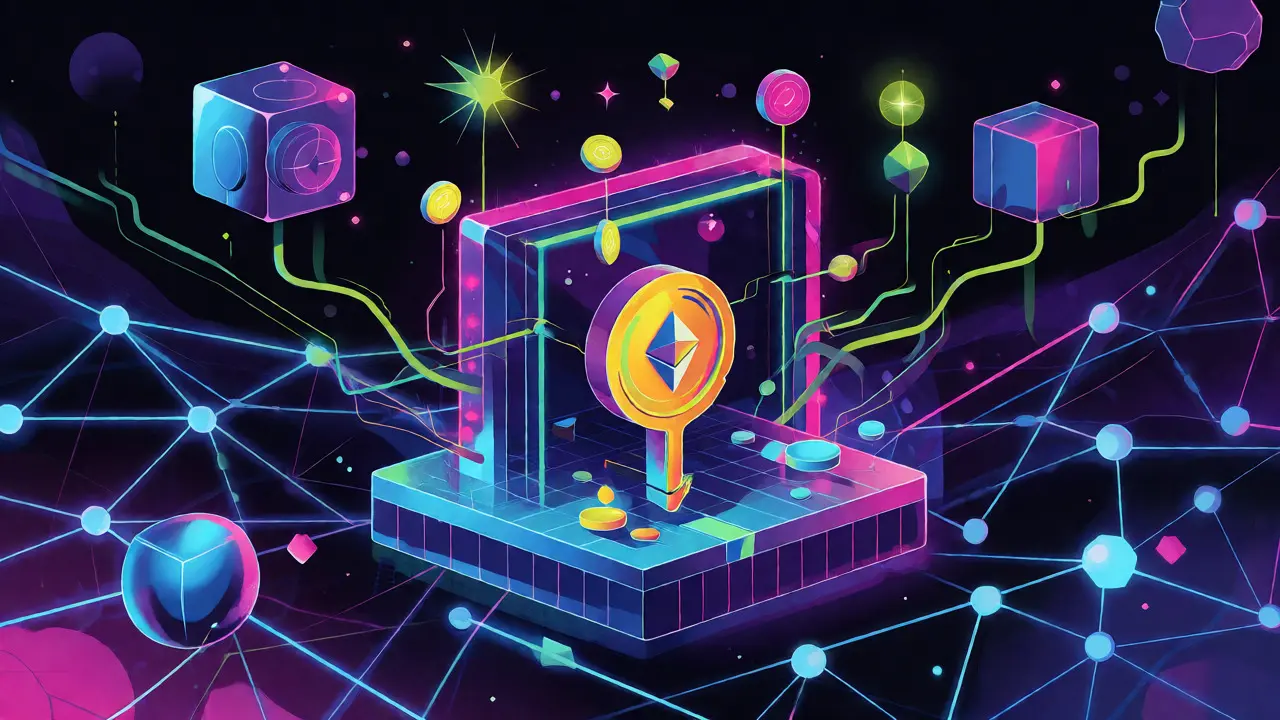 Abstract Peter Max art showing Ethereum blockchain connections and secure token flow