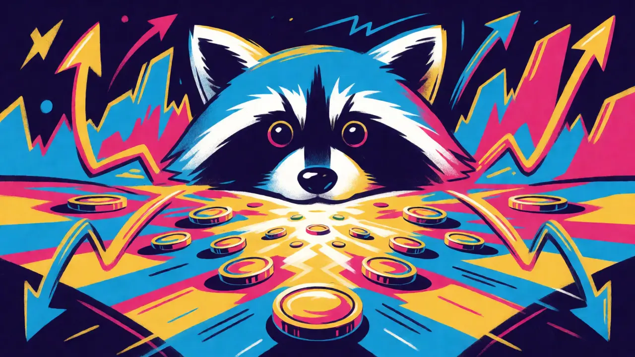 Abstract volatile crypto chart with raccoon motif