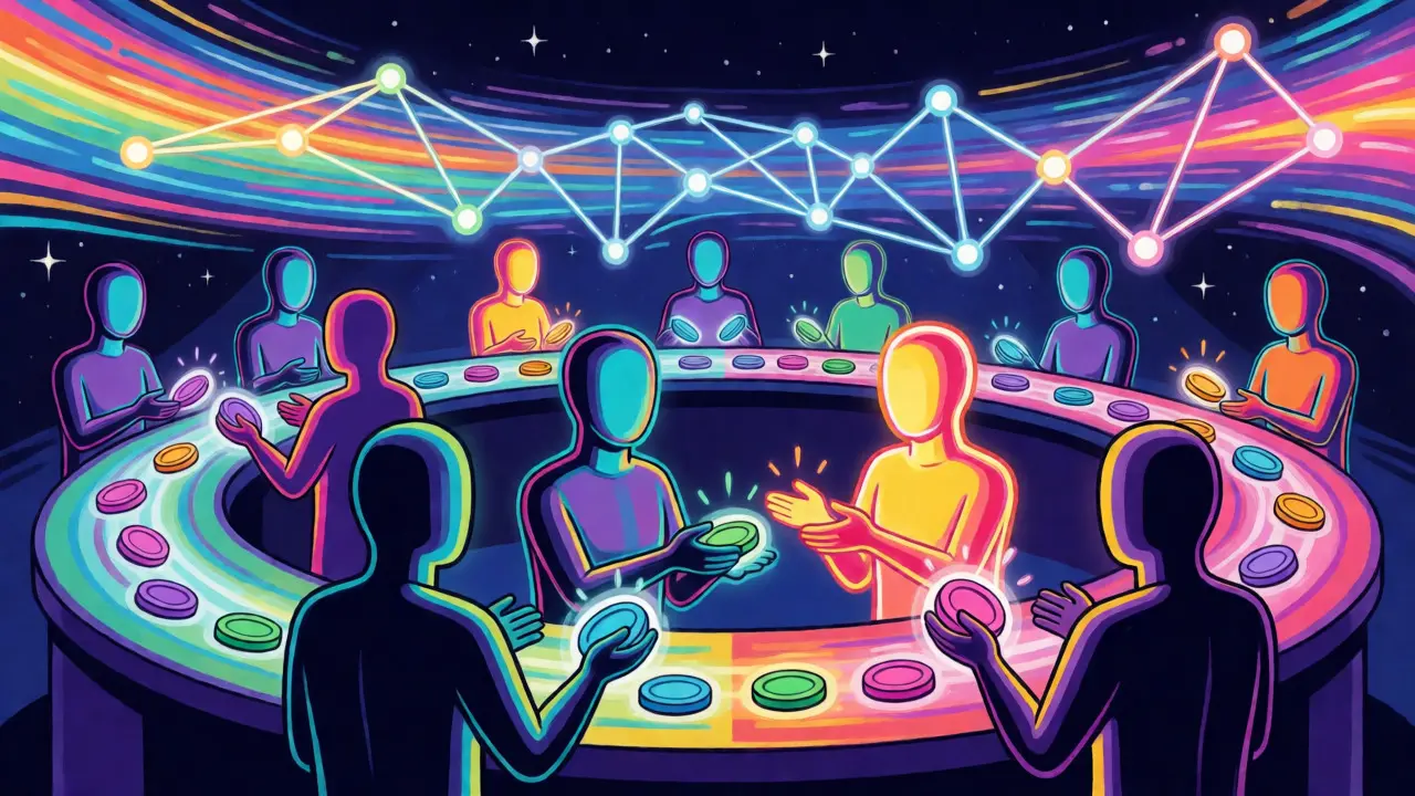 AI agents exchanging tokens in a psychedelic Solana marketplace