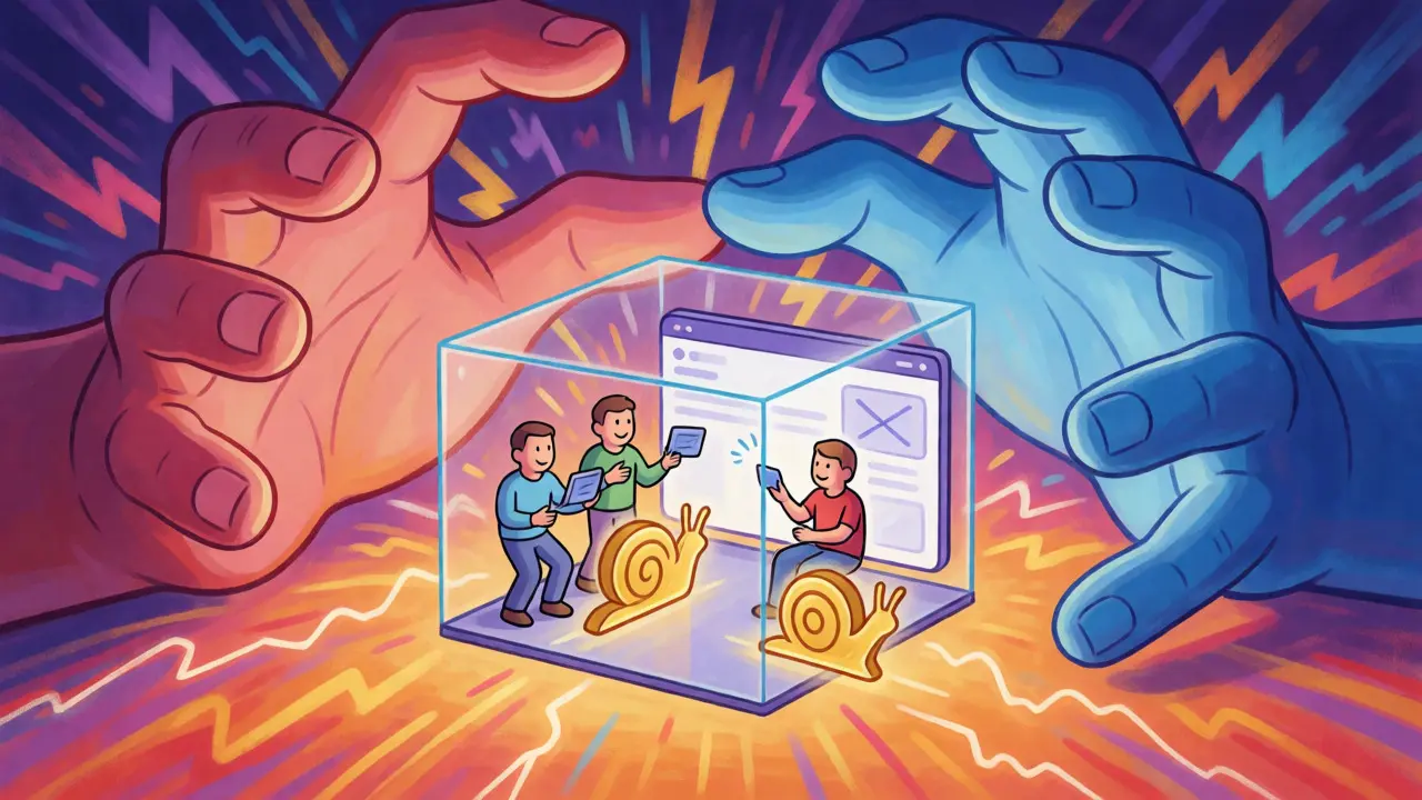 Cartoon art showing a small exchange overwhelmed by global competitors