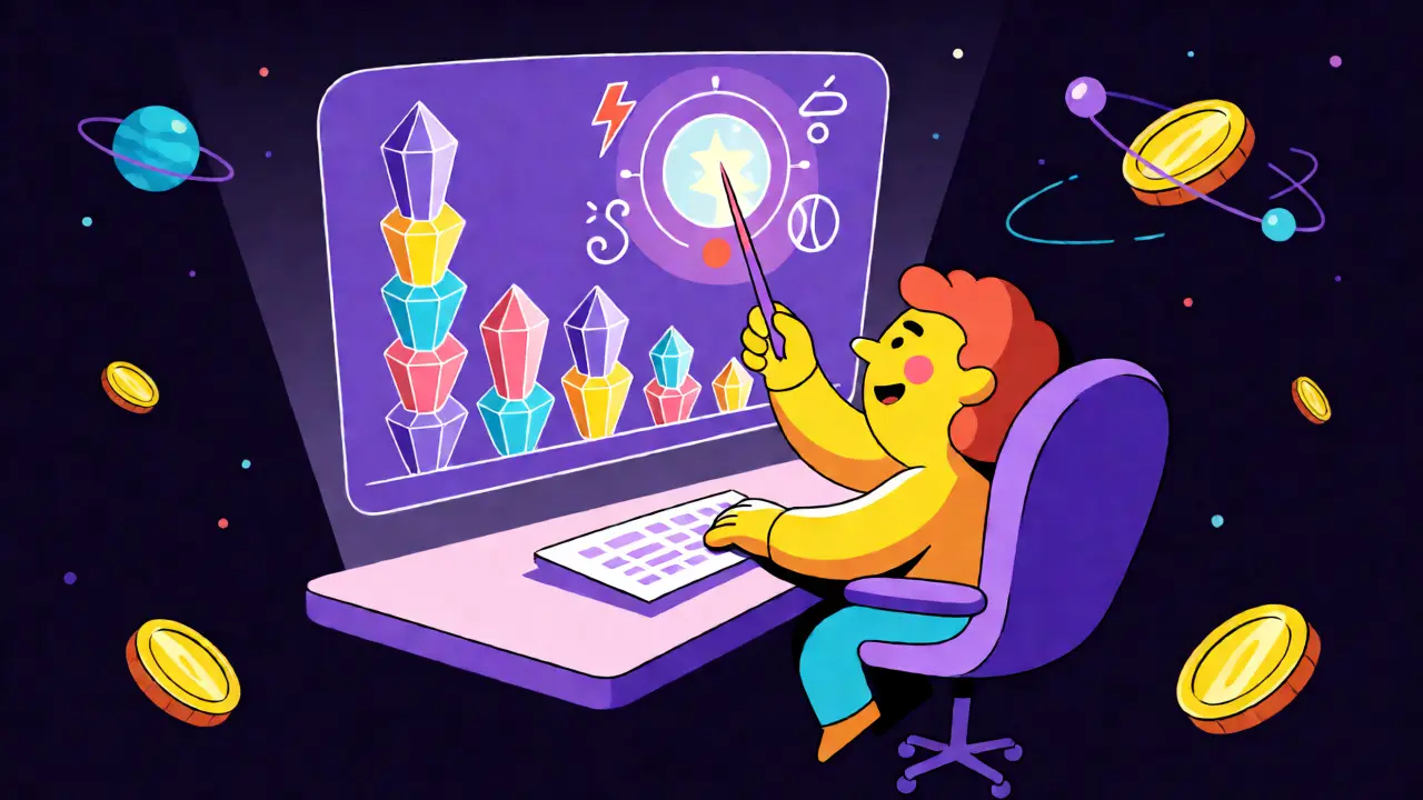 Cartoon character adjusting fee settings via a holographic mempool crystal interface.
