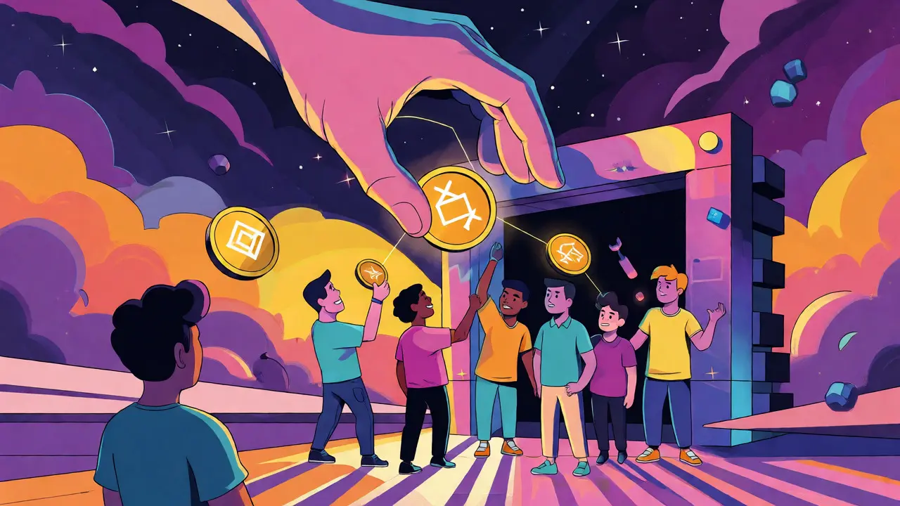 Cartoon depiction of Qubit airdrop distribution with a giant hand dropping tokens to varied recipients.