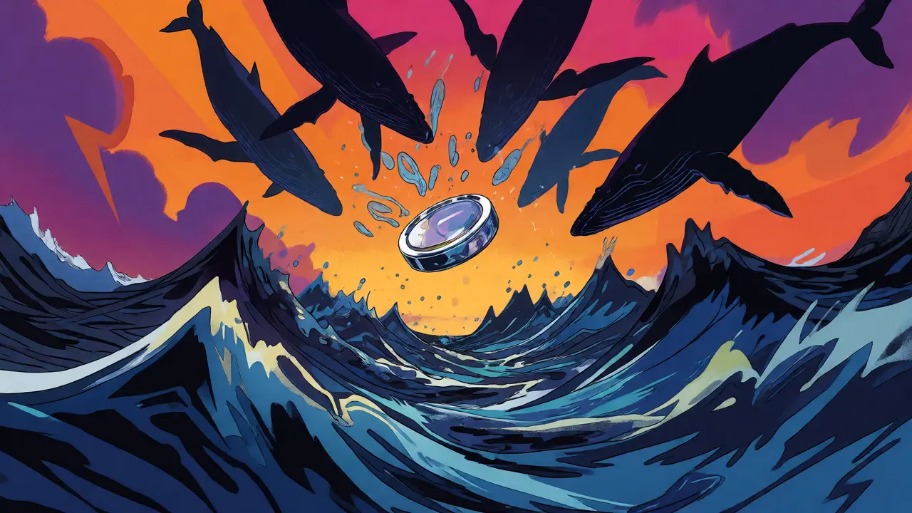 Cartoon whale threatening a small crypto token