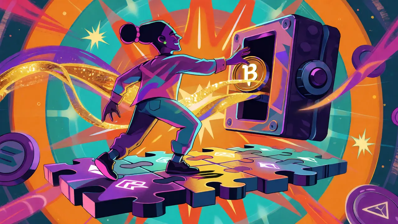 Character staking crypto tokens on a floating platform amidst colorful swirls.