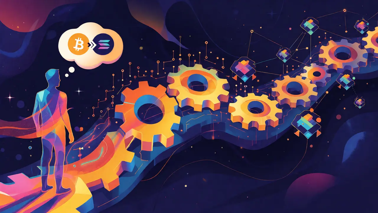 Colorful art showing a user's intent routing through AI bridges to swap crypto assets automatically.