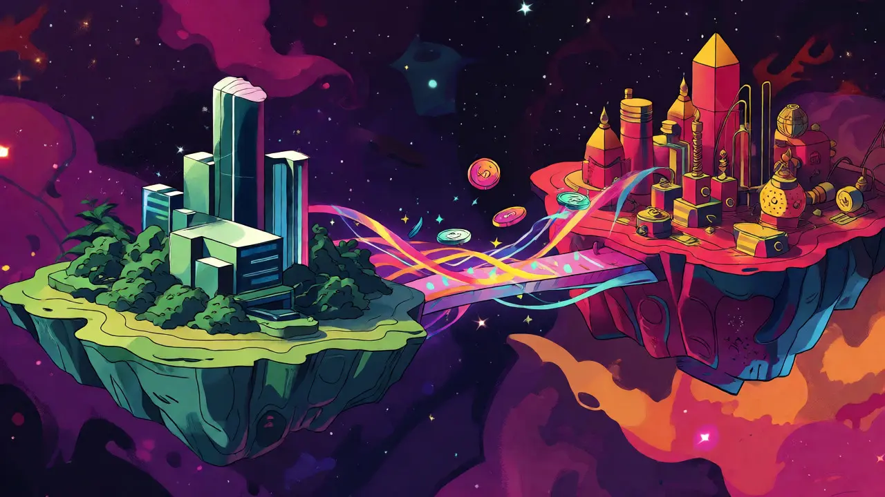 Colorful bridge connecting Cardano and Ethereum blockchains carrying LACE tokens.