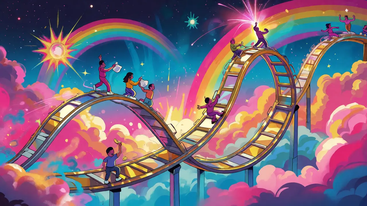 Colorful cartoon rollercoaster scene representing volatile crypto market trends