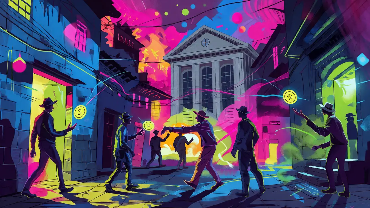 Colorful cartoon scene of people exchanging digital coins in a vibrant underground market.