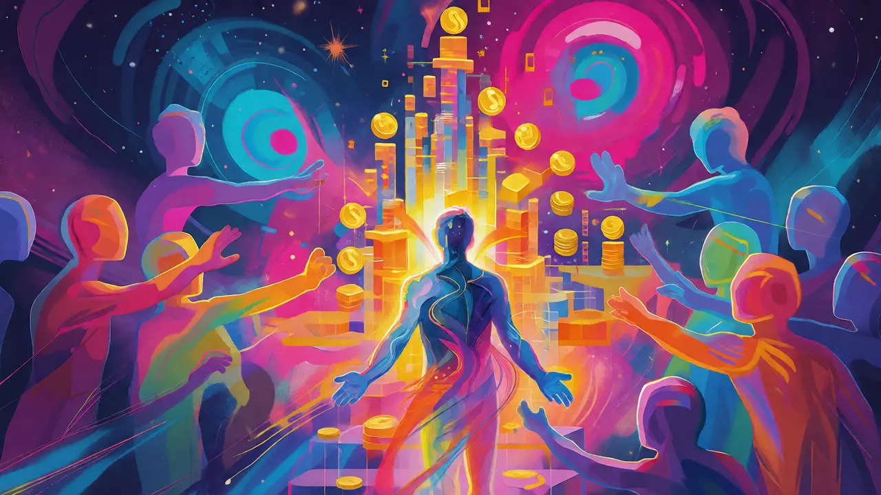 Colorful illustration of validators gathering around a central stack of 32 ETH coins.