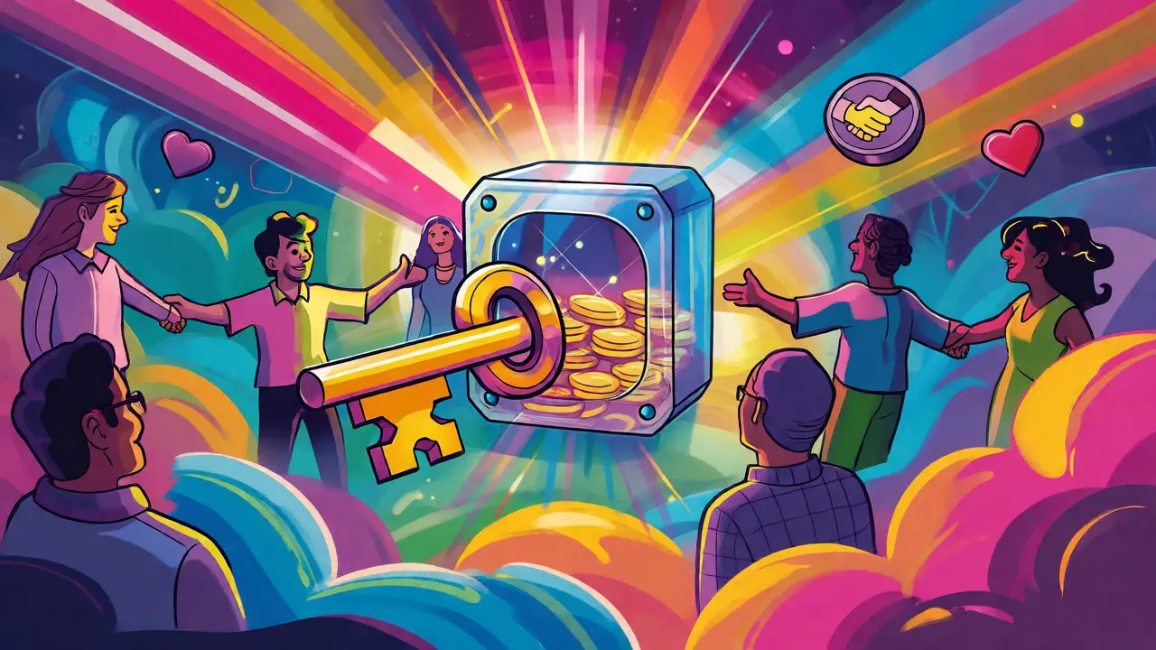 Community figures around a golden vault symbolizing fair token launch